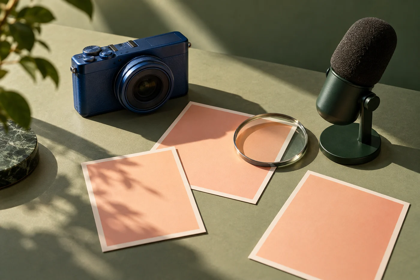A cobalt compact camera, forest-green microphone, and blank peach cards on a sage studio tabletop
