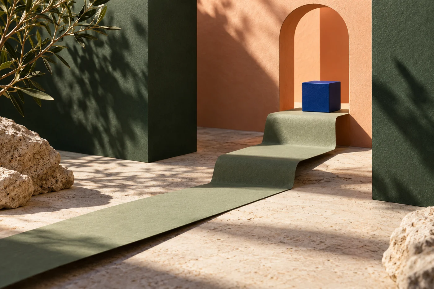 A folded sage-paper path reaching a peach-paper doorway with a cobalt product box