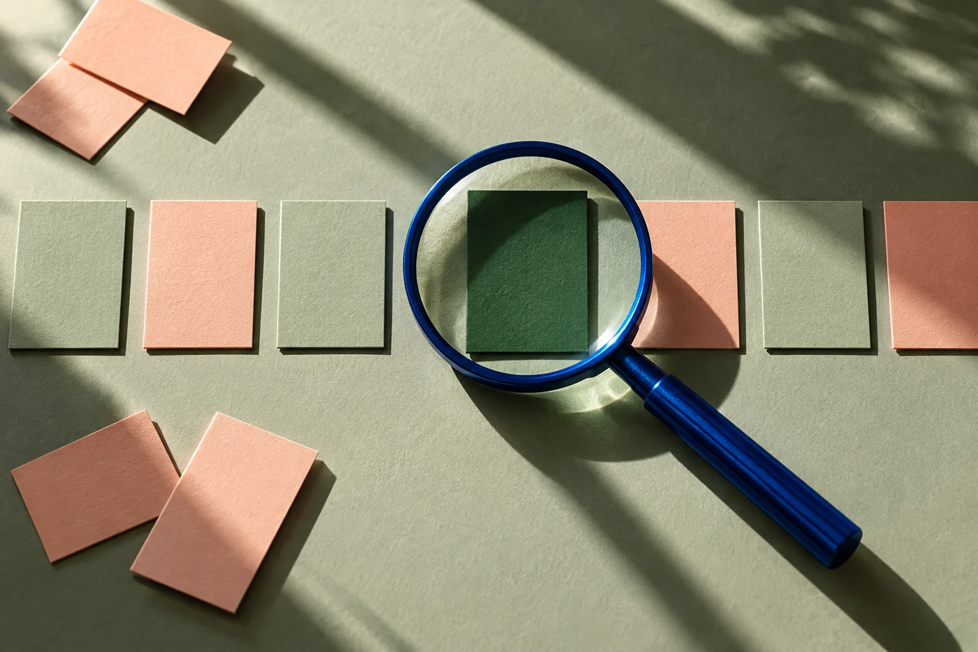 A cobalt magnifying glass selecting one blank green card among peach and sage cards