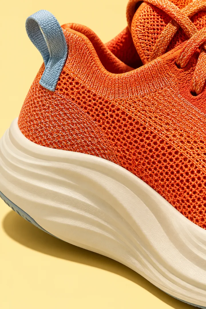 Close-up of orange woven shoe material and a sculpted cream sole