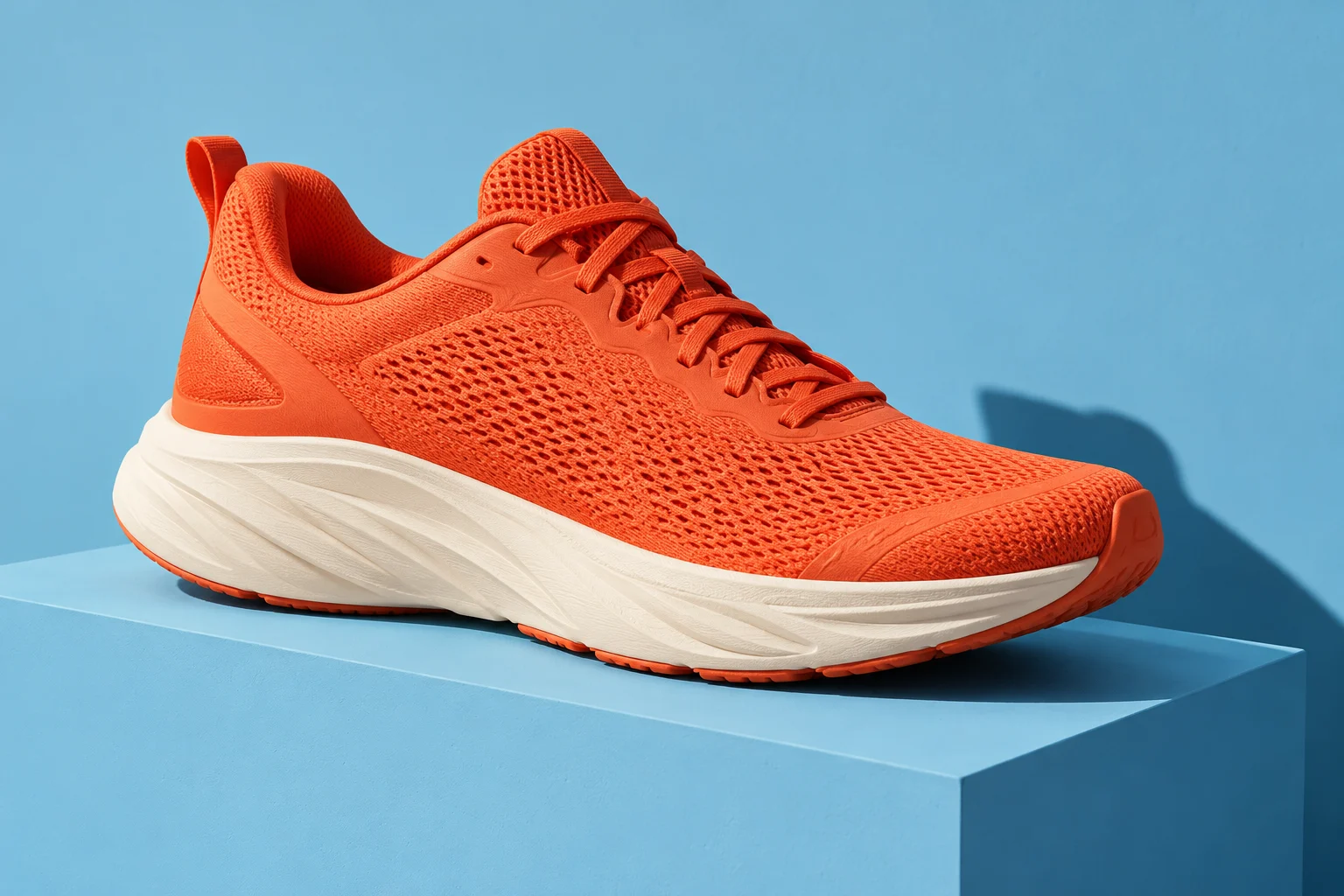 An orange running shoe on a blue sculptural set