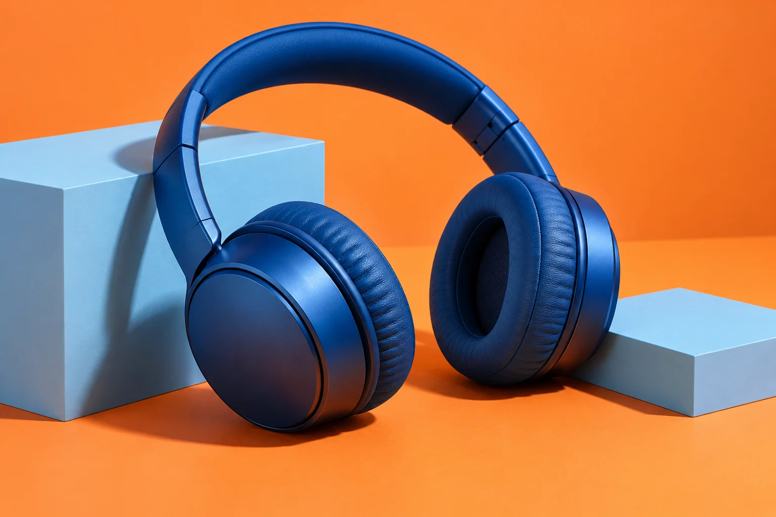 Blue headphones against a glacier-blue set