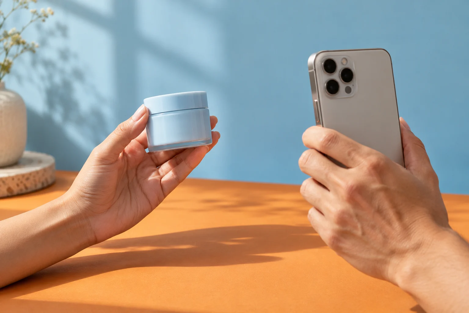 Hands filming a small blue cosmetic jar with a phone