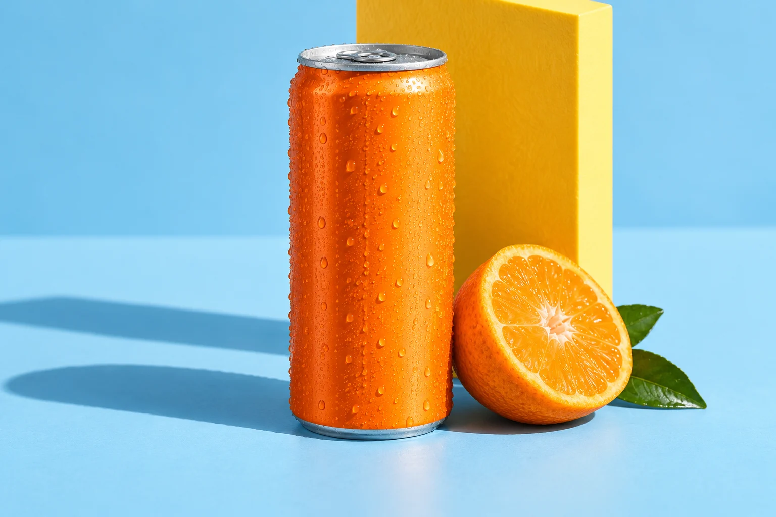 An unbranded orange beverage can beside a fresh orange on a blue and yellow set